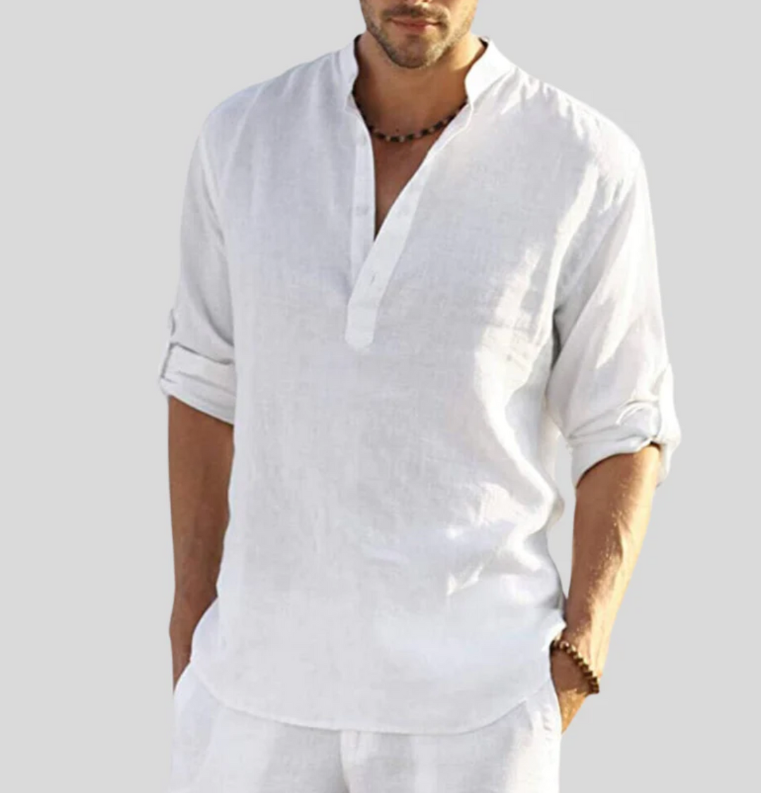 Men’s Relaxed Linen Fit Summer Shirt – Lightweight V-Neck with Button Placket and Rolled Sleeves