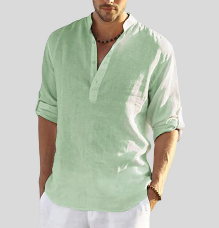 Men’s Relaxed Linen Fit Summer Shirt – Lightweight V-Neck with Button Placket and Rolled Sleeves