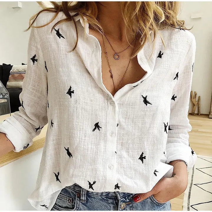 Scarlett - Relaxed Bird-Print Button-Up Blouse