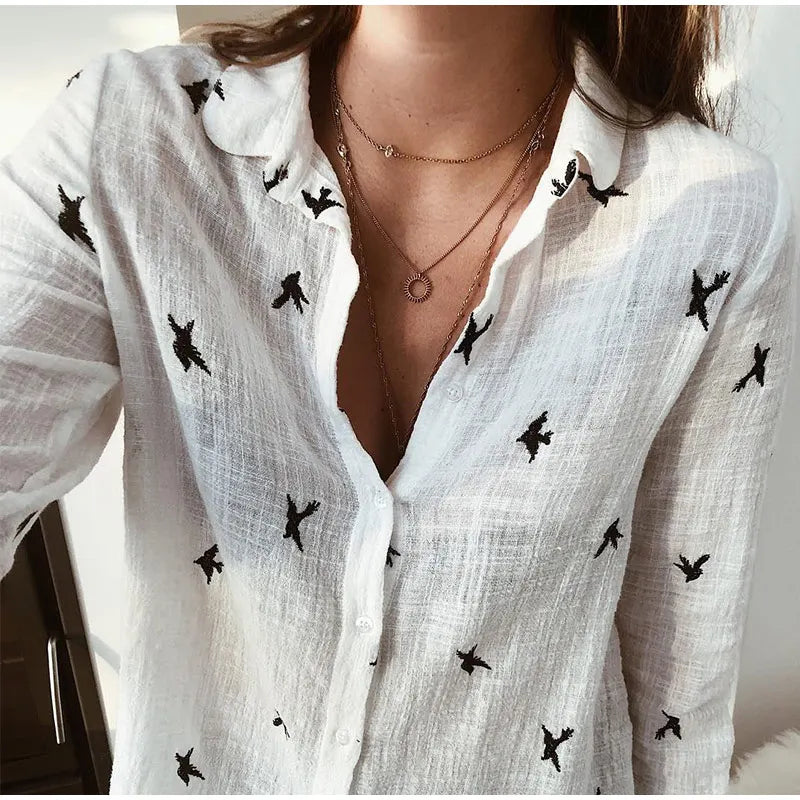 Scarlett - Relaxed Bird-Print Button-Up Blouse