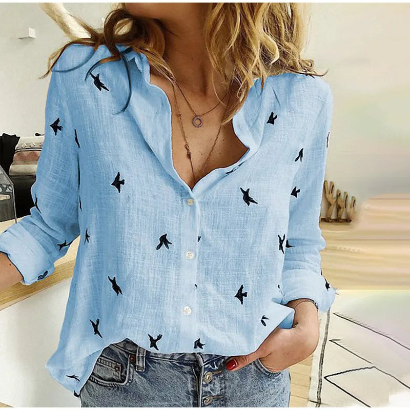 Scarlett - Relaxed Bird-Print Button-Up Blouse