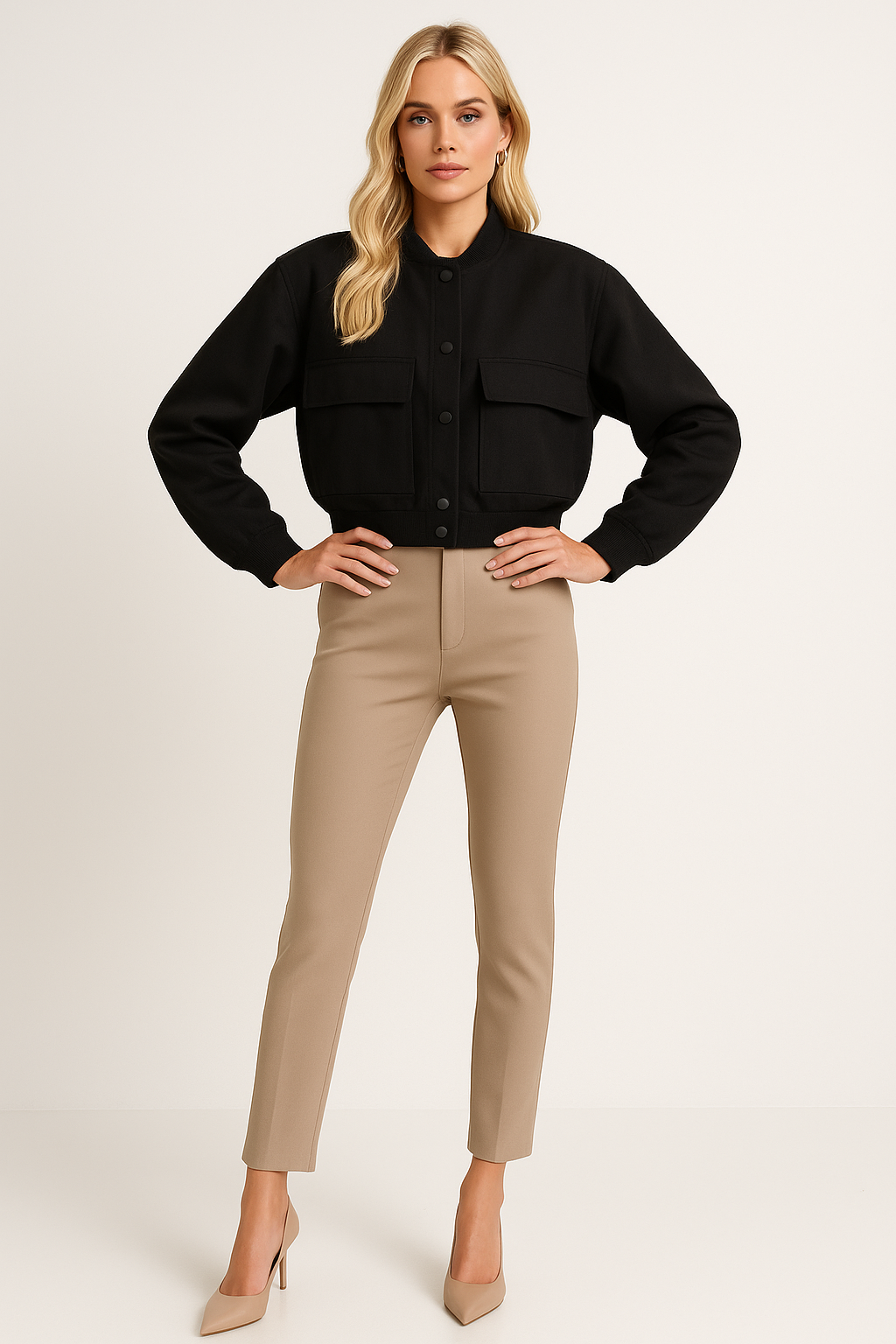 Women's Cropped Bomber Jacket with Baseball Collar and Snap Closure