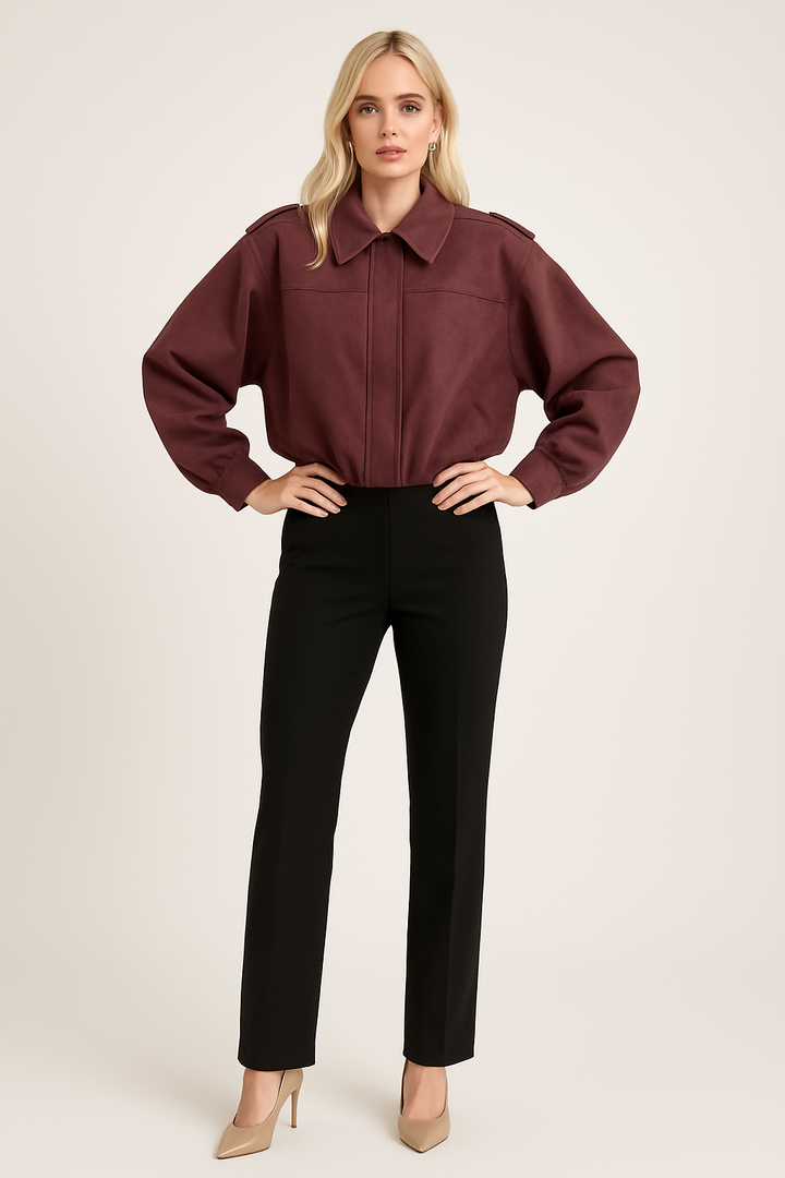Women's Cropped Bomber Jacket with Modern Lapel Collar