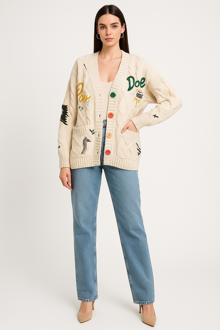 Women's Embroidered Knit V-Neck Cardigan