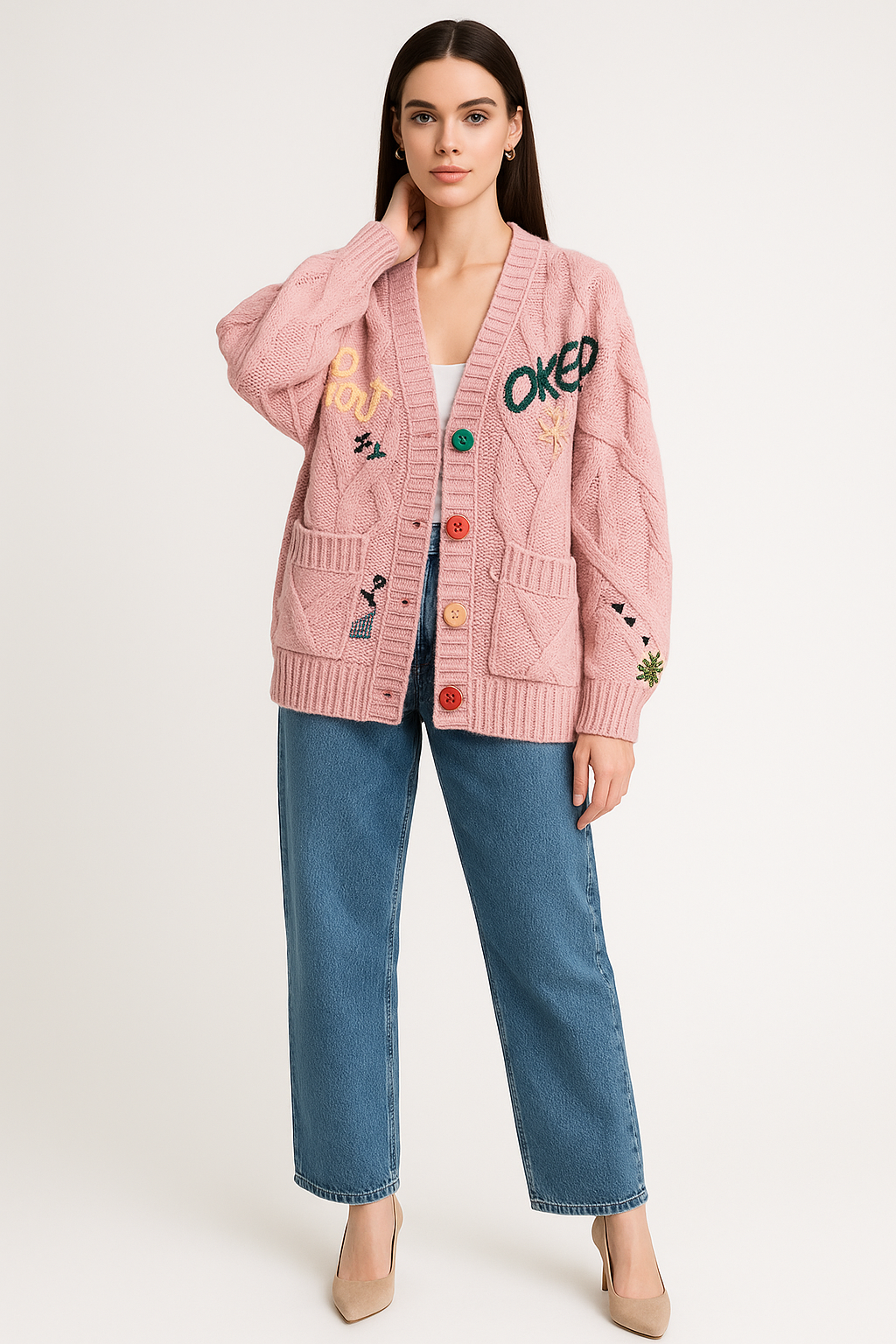 Women's Embroidered Knit V-Neck Cardigan