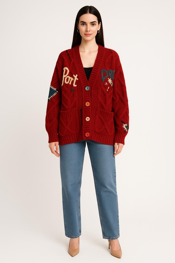 Women's Embroidered Knit V-Neck Cardigan