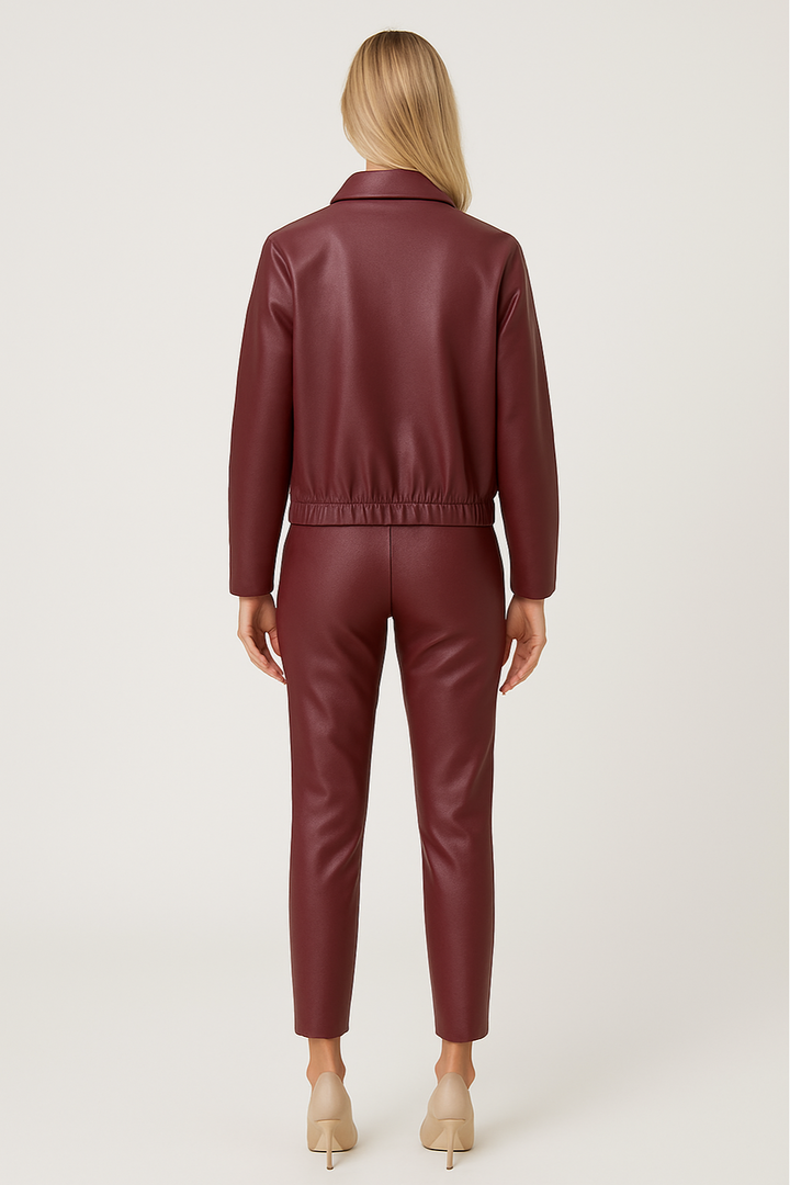 Women's Leather Jacket with Front Zip and Structured Lapel Collar