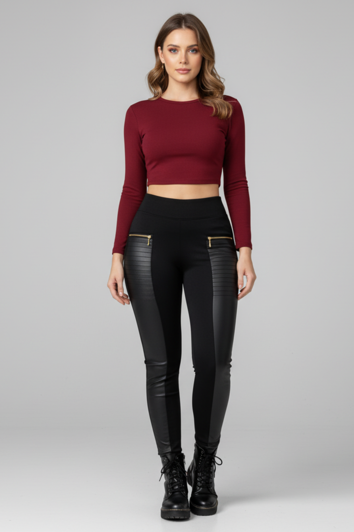 Women’s High-Waist Faux Leather Leggings with Zipper Accents
