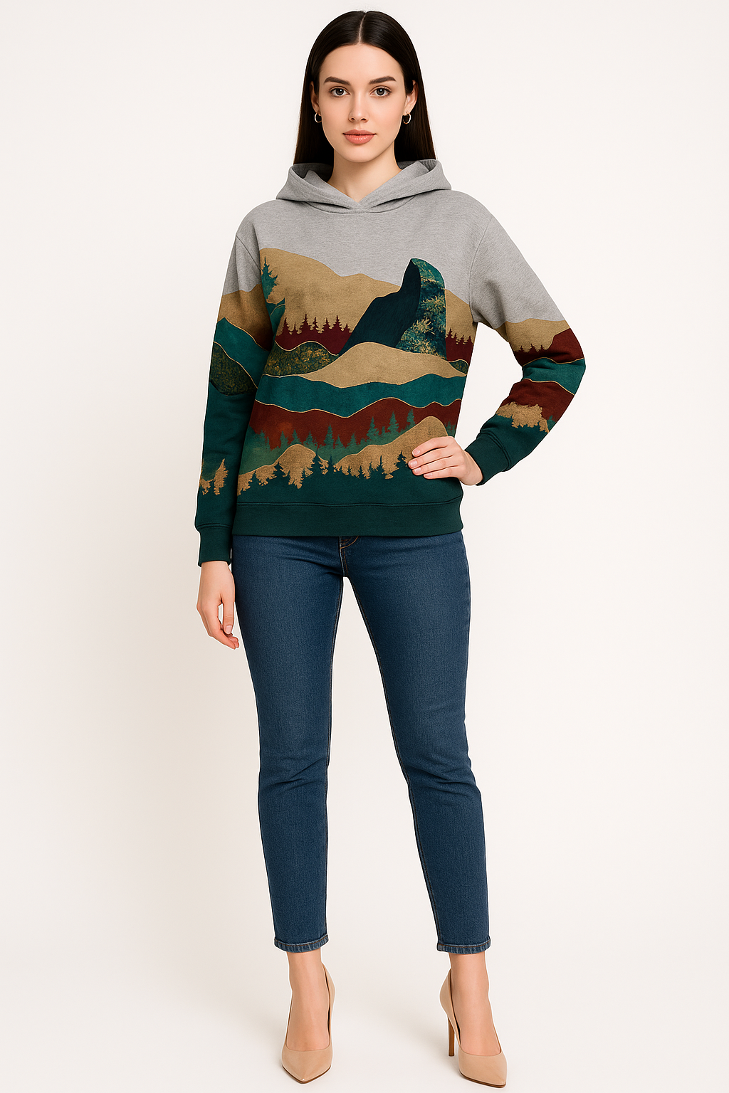 Women's Hoodie with Mountain Print