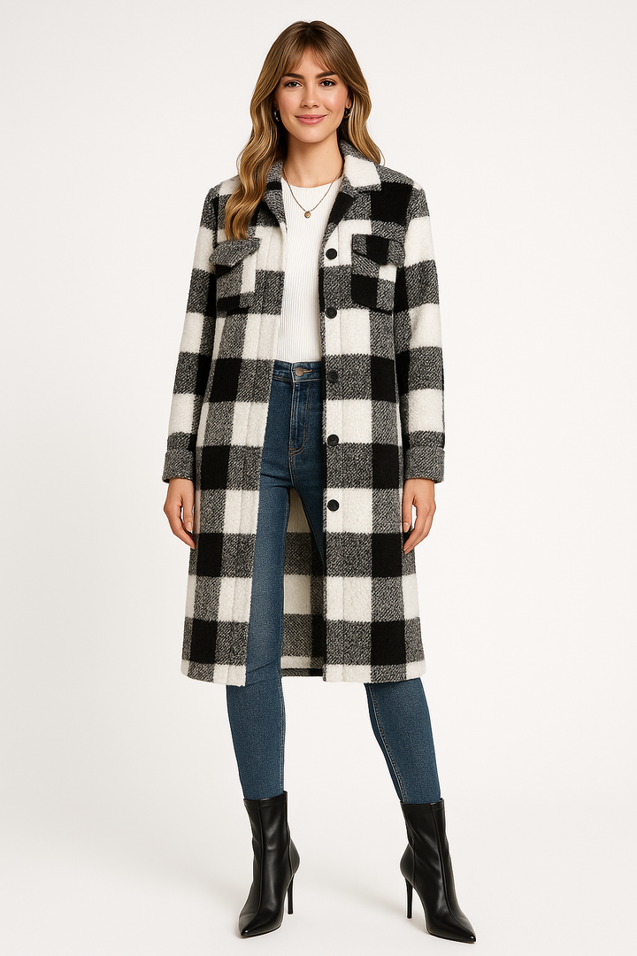 Women's Long Plaid Teddy Fleece Coat