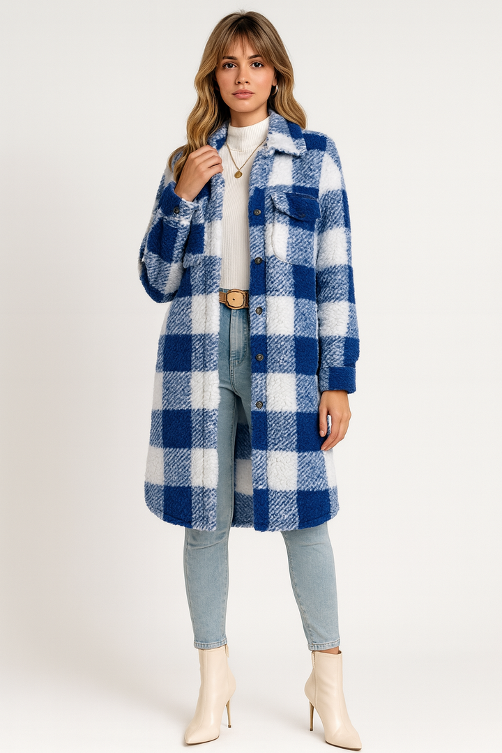Women's Long Plaid Teddy Fleece Coat