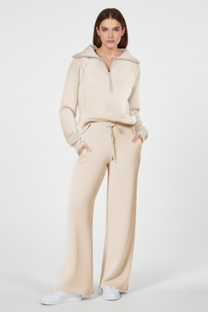 Women’s Minimalist Lounge Set with Zip-Collar Top and Wide-Leg Pants