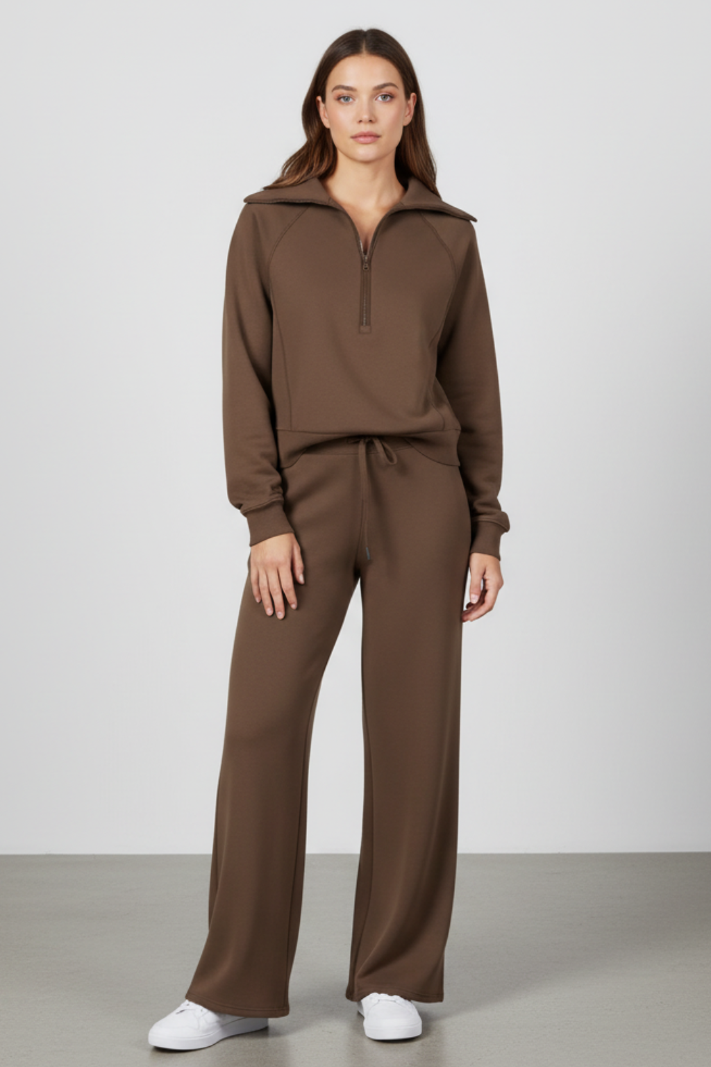 Women’s Minimalist Lounge Set with Zip-Collar Top and Wide-Leg Pants