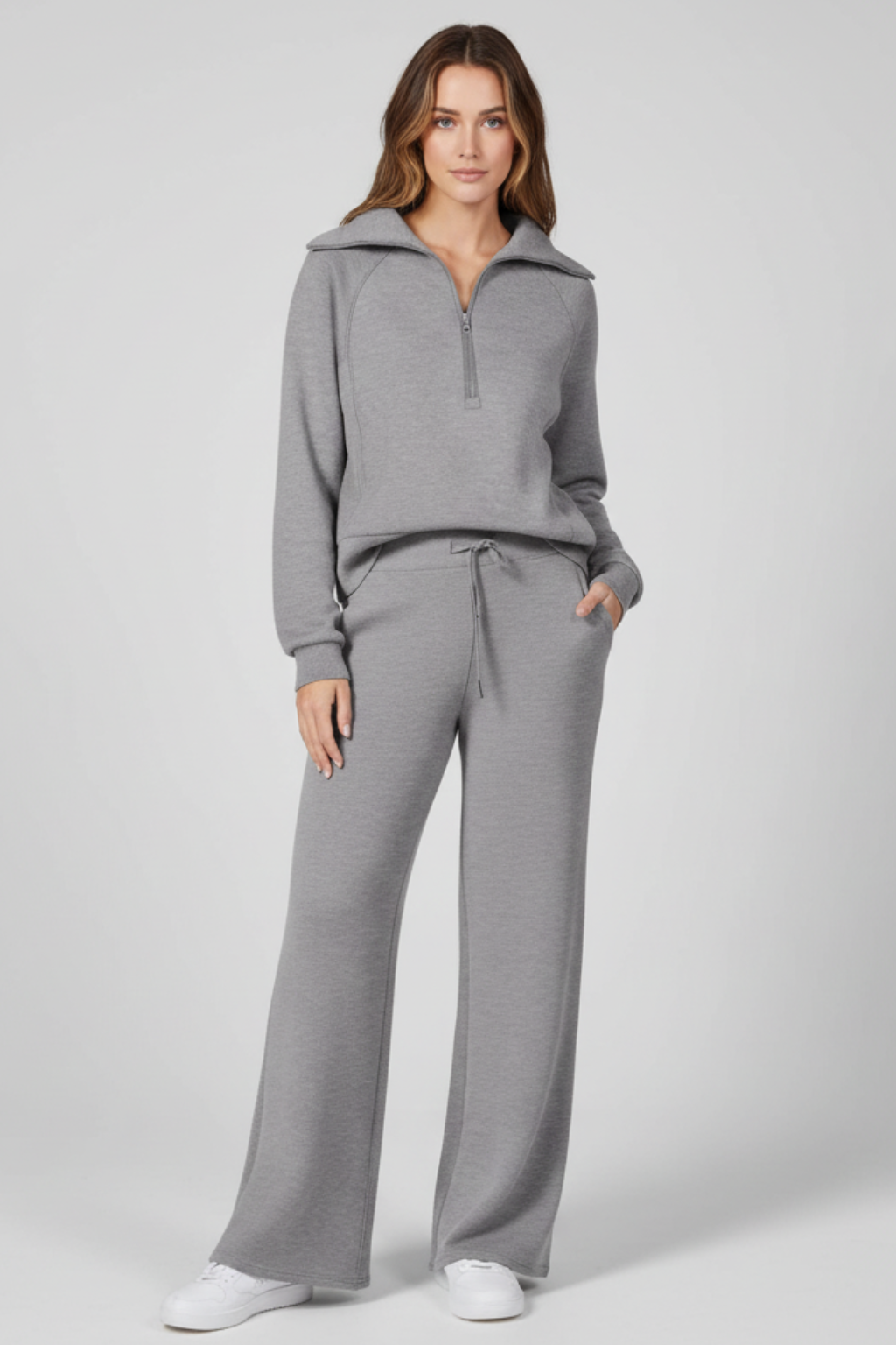 Women’s Minimalist Lounge Set with Zip-Collar Top and Wide-Leg Pants