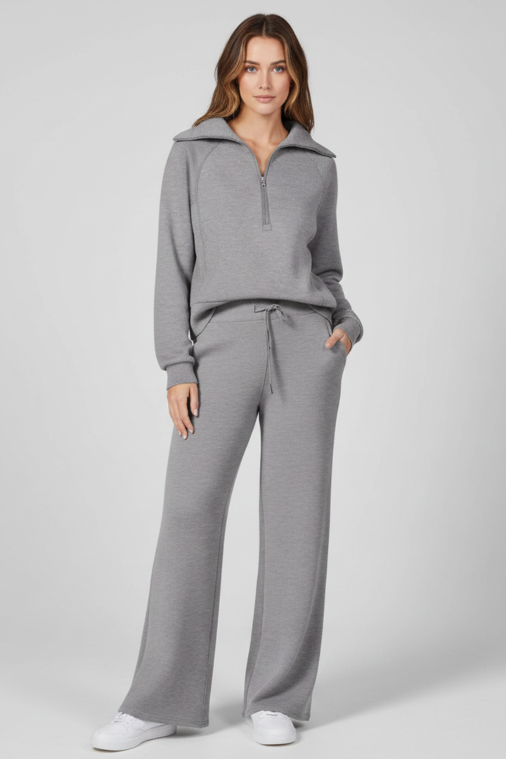 Women’s Minimalist Lounge Set with Zip-Collar Top and Wide-Leg Pants