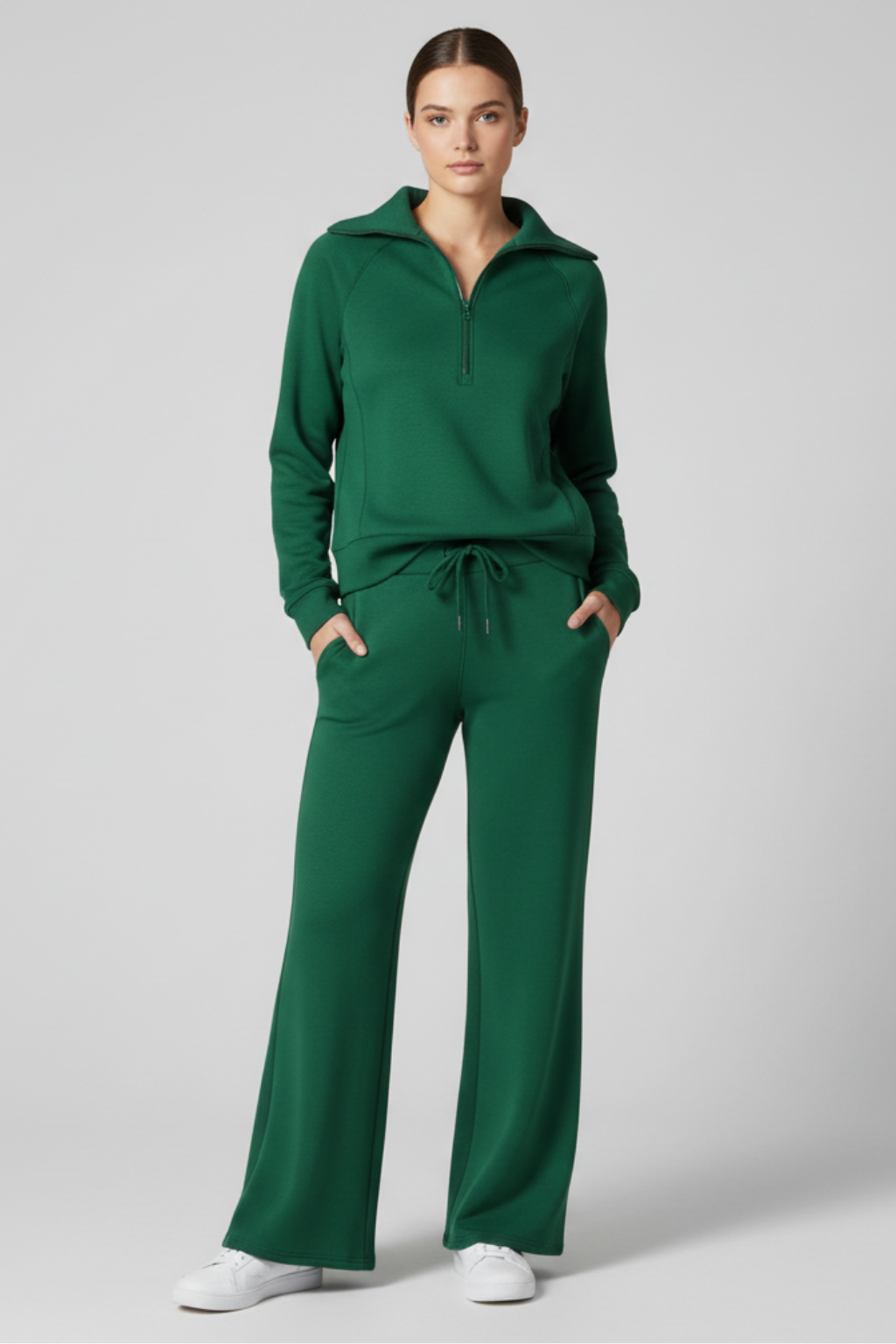 Women’s Minimalist Lounge Set with Zip-Collar Top and Wide-Leg Pants