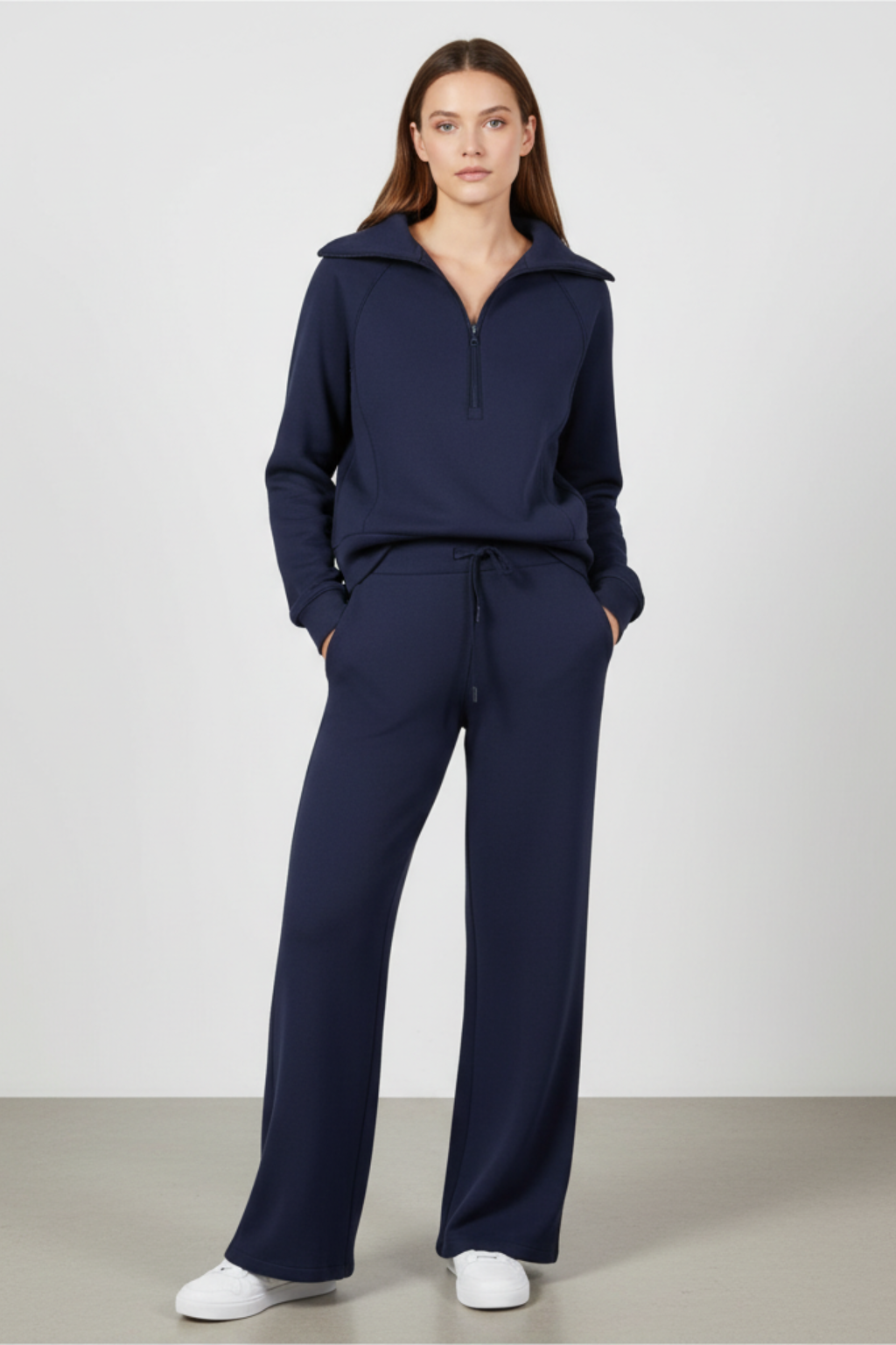 Women’s Minimalist Lounge Set with Zip-Collar Top and Wide-Leg Pants