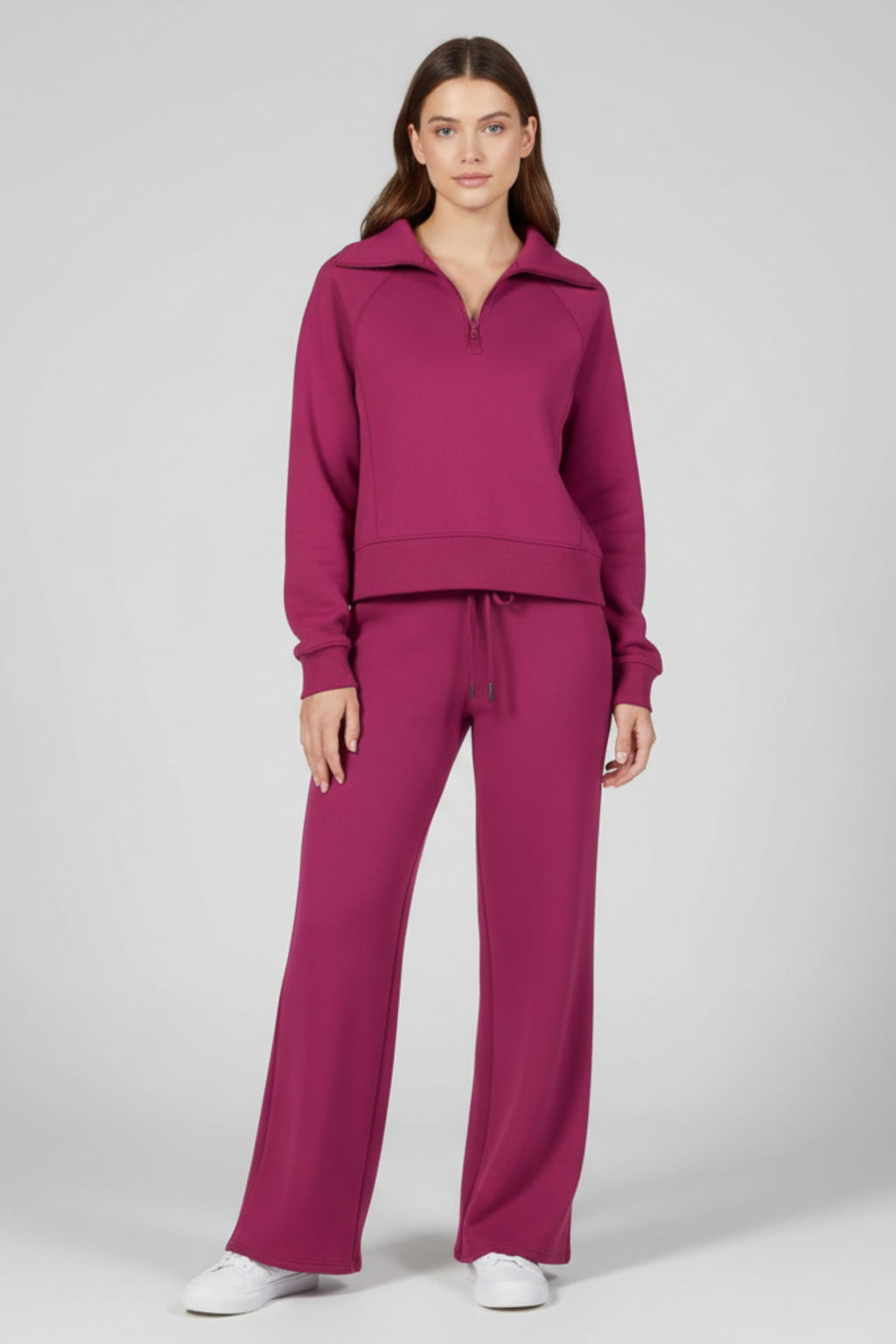 Women’s Minimalist Lounge Set with Zip-Collar Top and Wide-Leg Pants