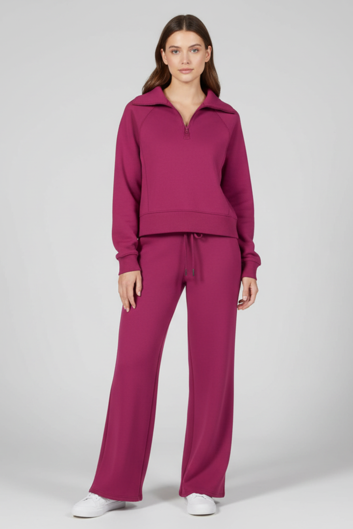 Women’s Minimalist Lounge Set with Zip-Collar Top and Wide-Leg Pants