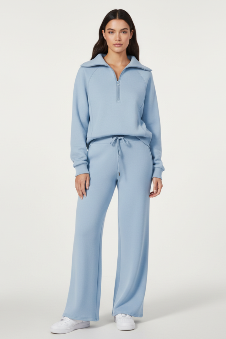 Women’s Minimalist Lounge Set with Zip-Collar Top and Wide-Leg Pants