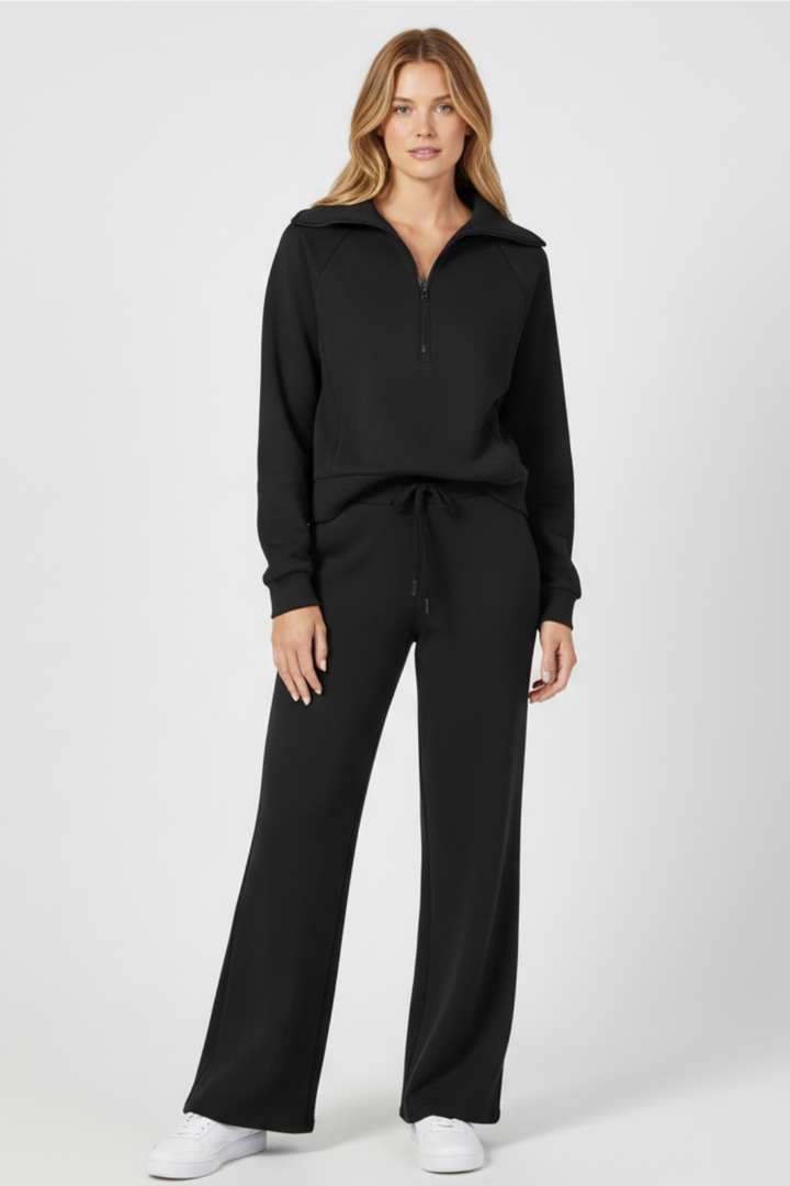 Women’s Minimalist Lounge Set with Zip-Collar Top and Wide-Leg Pants