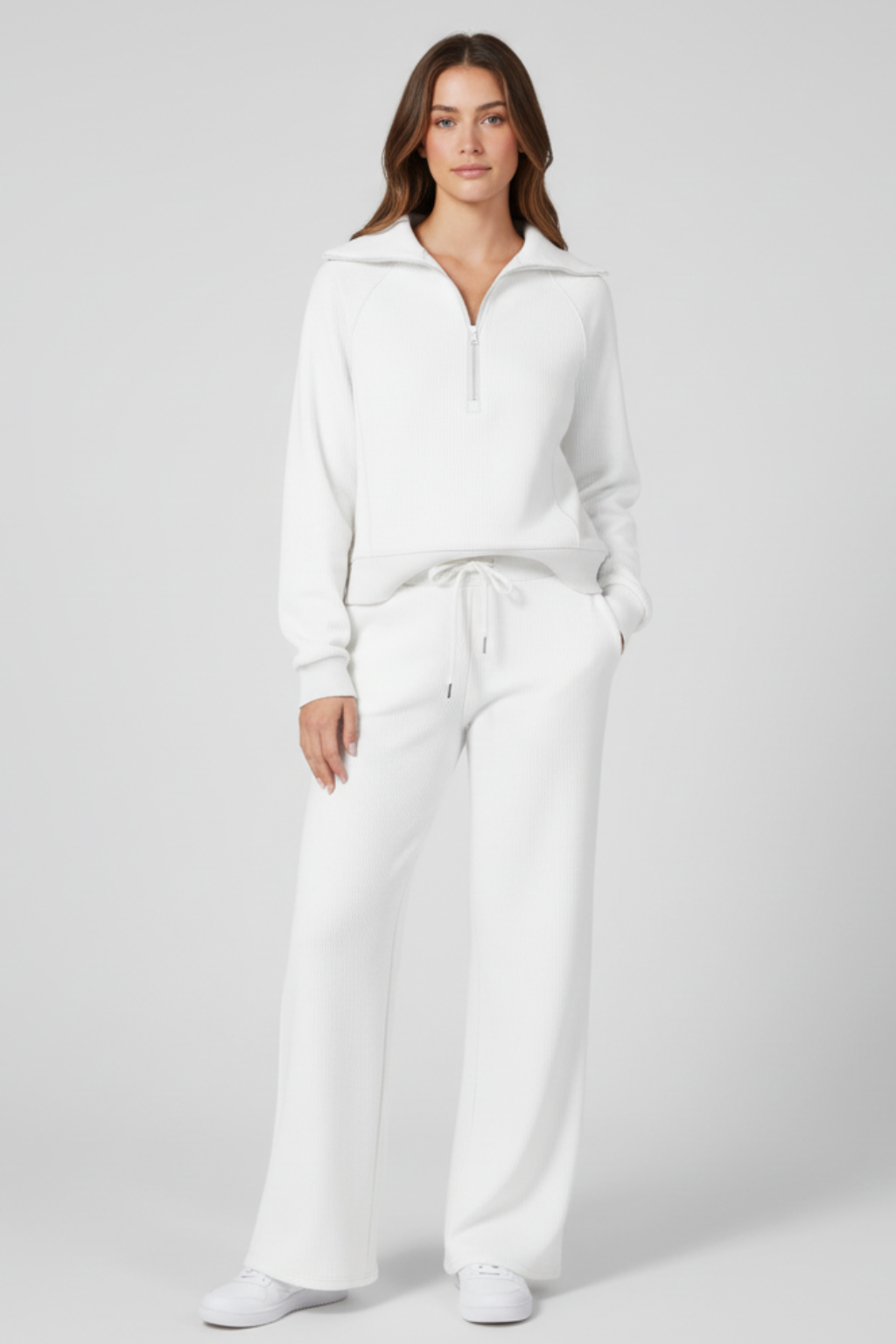Women’s Minimalist Lounge Set with Zip-Collar Top and Wide-Leg Pants