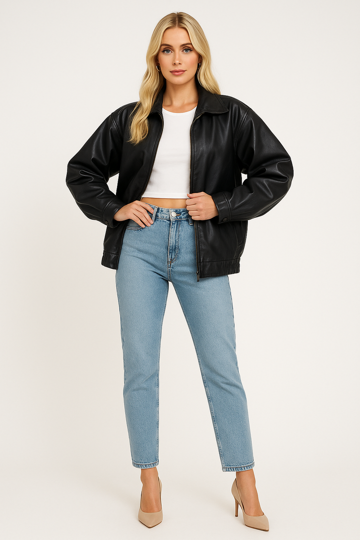 Women's Oversized Faux Leather Bomber Jacket with Front Zip