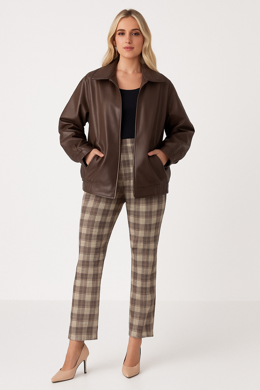 Women's Oversized Faux Leather Bomber Jacket with Front Zip