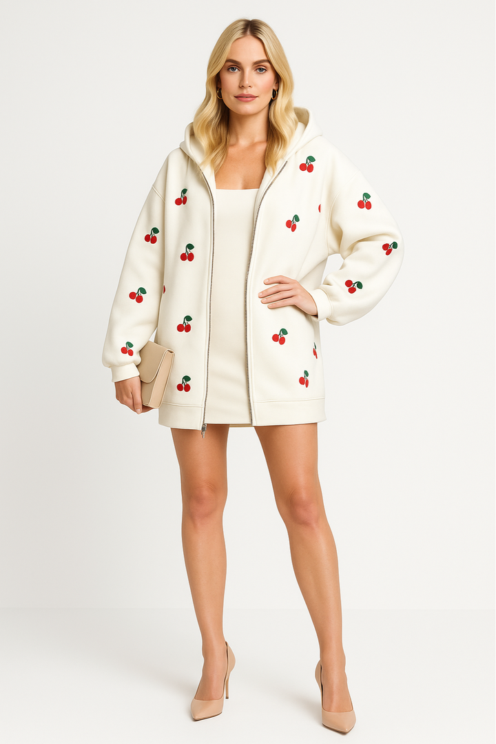 Women's Oversized Hooded Jacket with Cherry Print