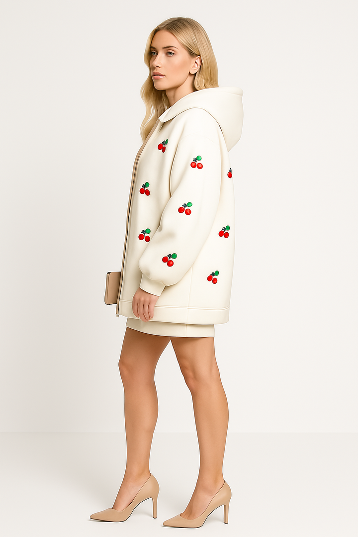Women's Oversized Hooded Jacket with Cherry Print