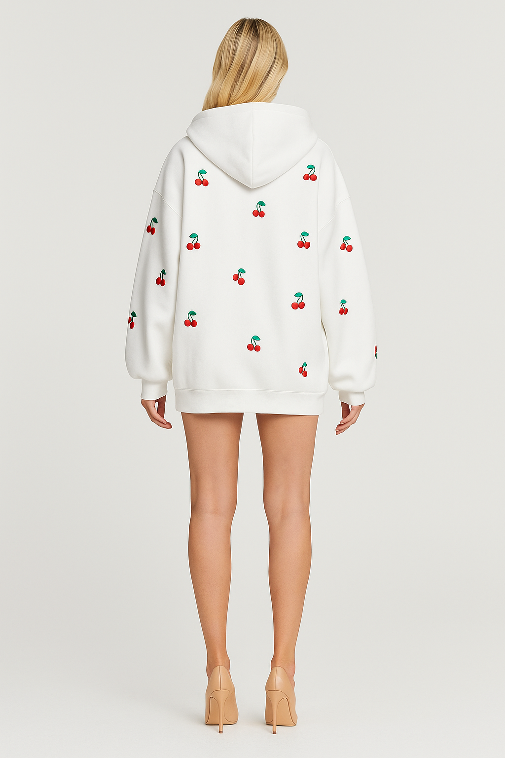 Women's Oversized Hooded Jacket with Cherry Print