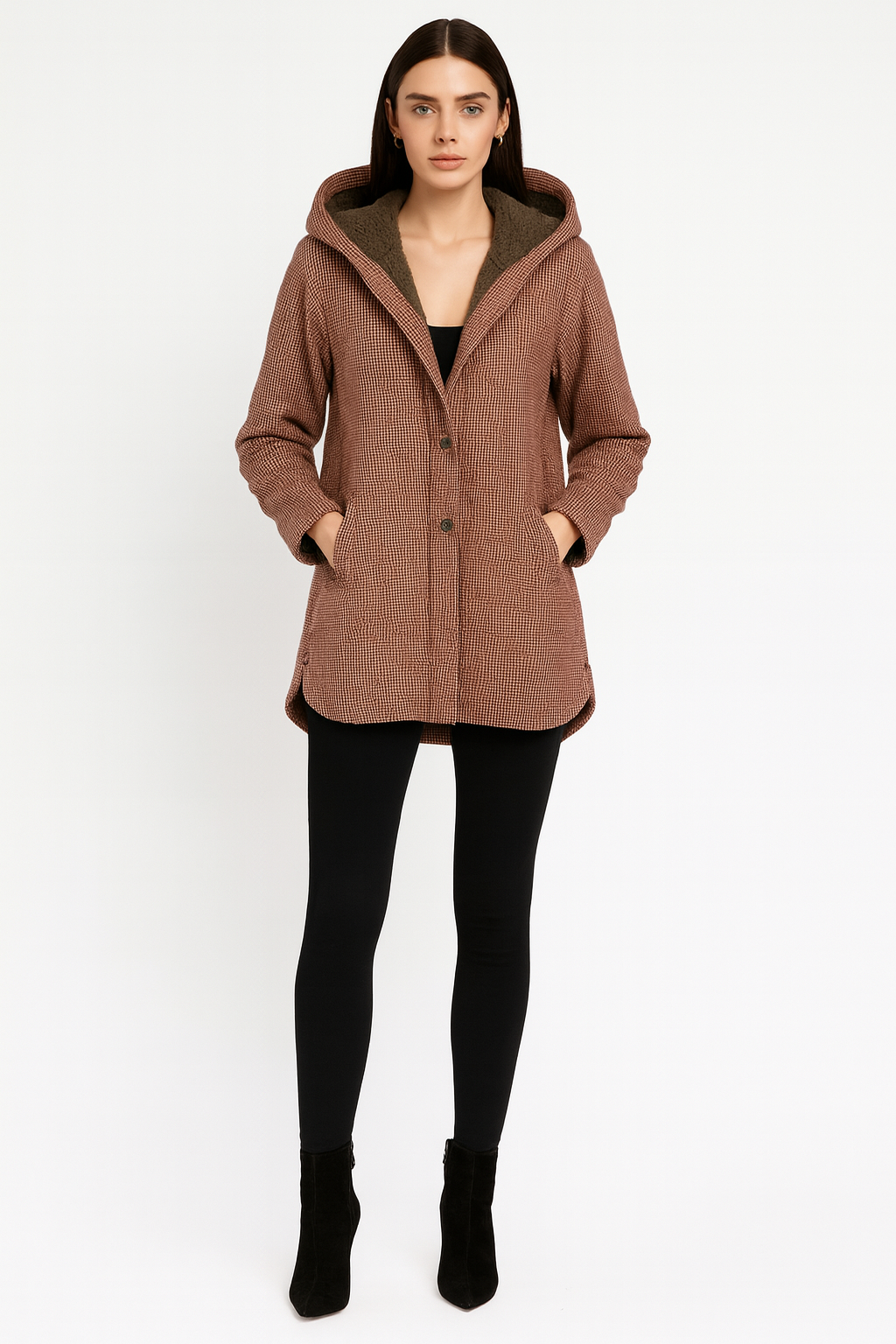 Women’s Plaid Hooded Coat with Buttons