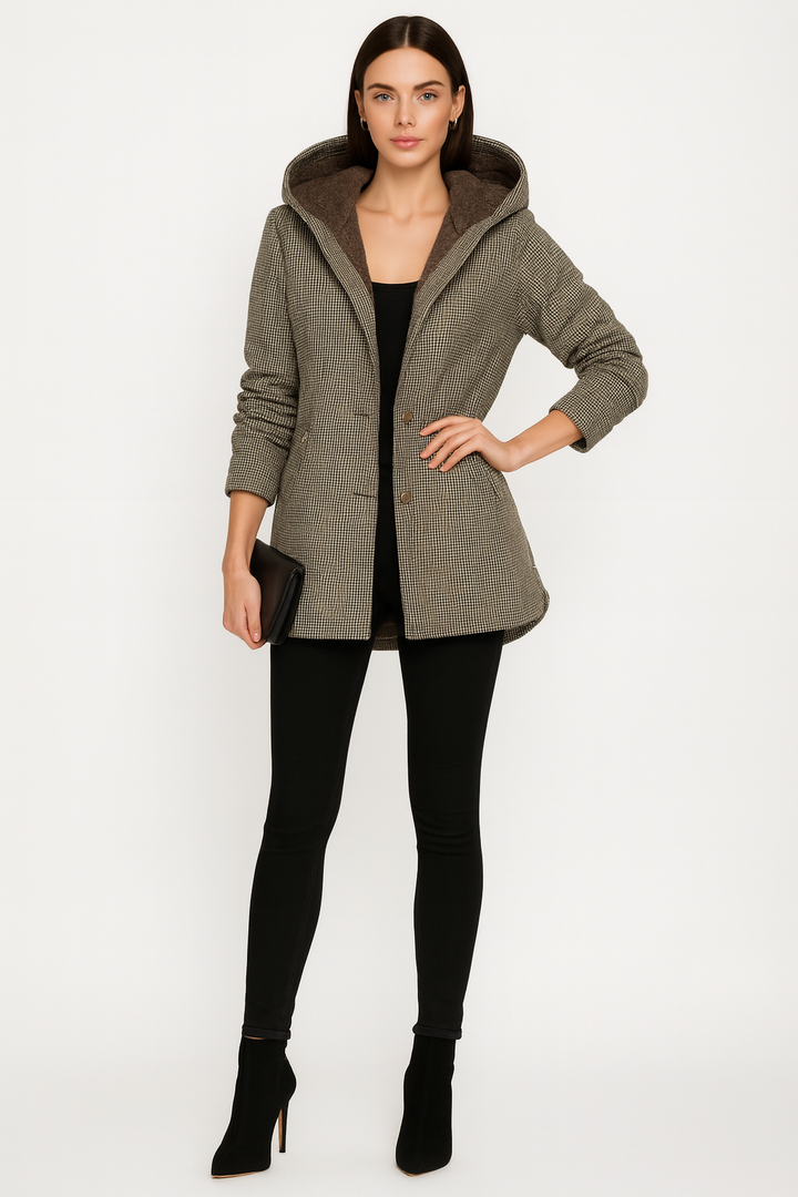 Women’s Plaid Hooded Coat with Buttons