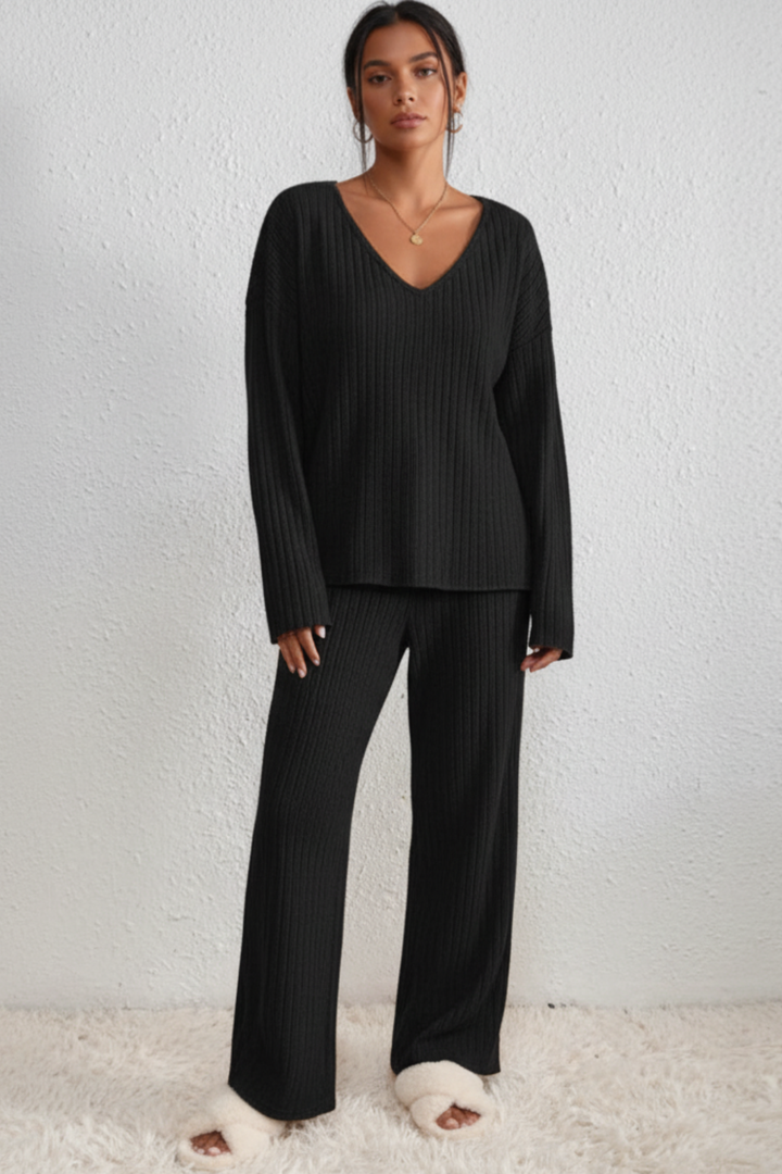 Women’s Ribbed Knit V-Neck Lounge Set
