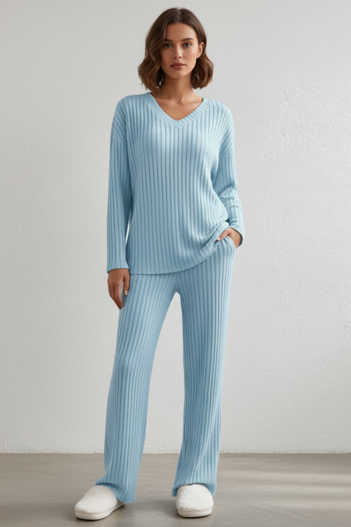Women’s Ribbed Knit V-Neck Lounge Set