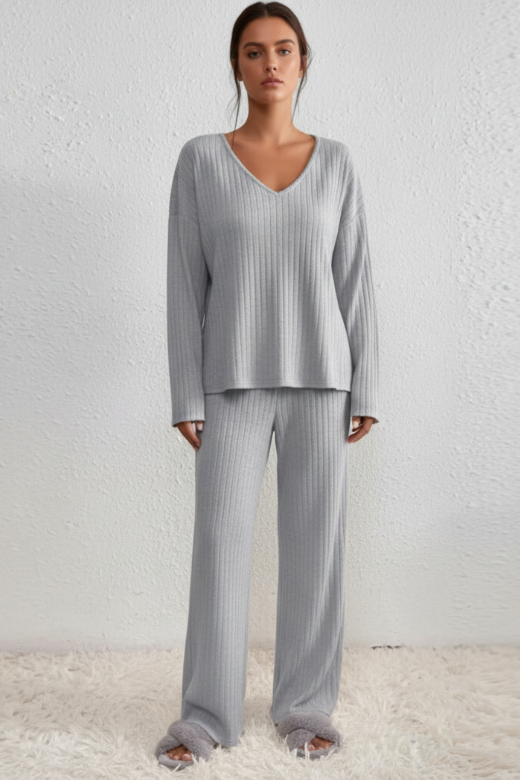 Women’s Ribbed Knit V-Neck Lounge Set