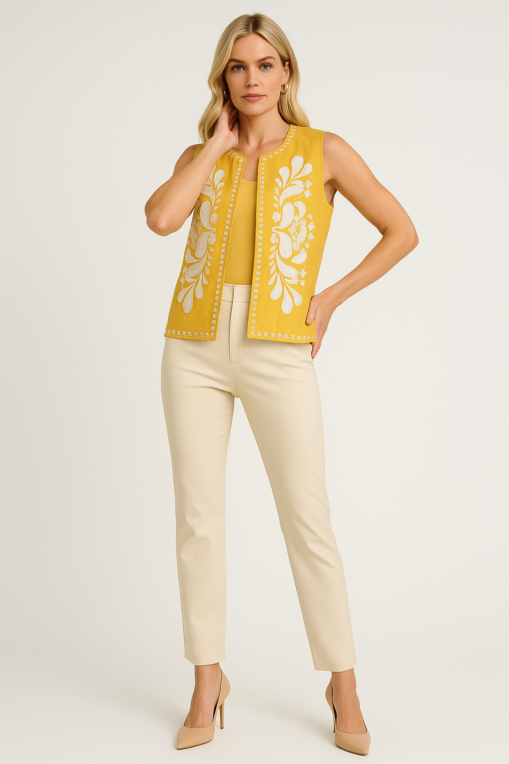 Women's Sleeveless Embroidered Vest with Floral Accents