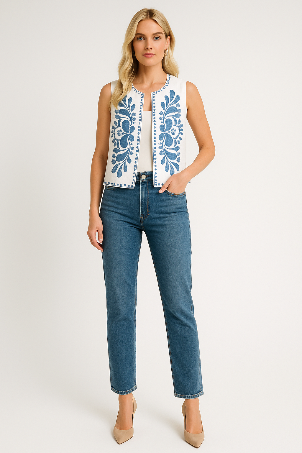 Women's Sleeveless Embroidered Vest with Floral Accents