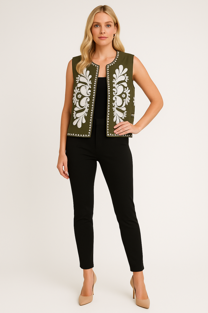 Women's Sleeveless Embroidered Vest with Floral Accents