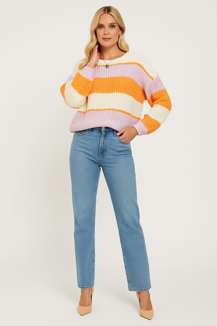 Women's Striped Knit Sweater with Classic Crew Neck and Long Sleeves