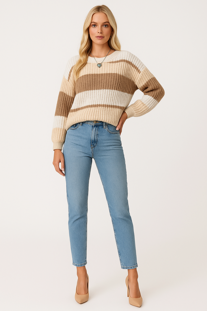 Women's Striped Knit Sweater with Classic Crew Neck and Long Sleeves