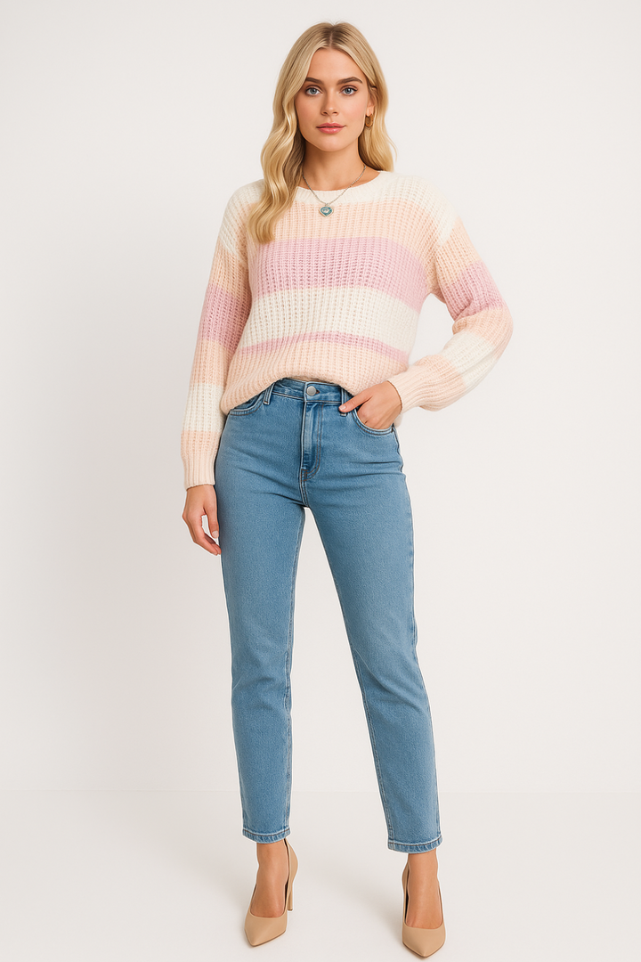 Women's Striped Knit Sweater with Classic Crew Neck and Long Sleeves