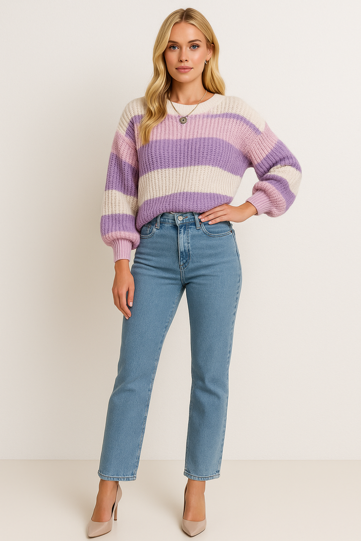 Women's Striped Knit Sweater with Classic Crew Neck and Long Sleeves