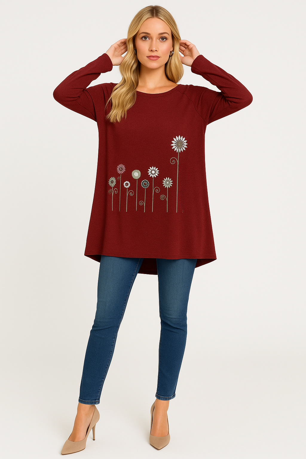 Women's Sweatshirt with 3D Floral Embroidery
