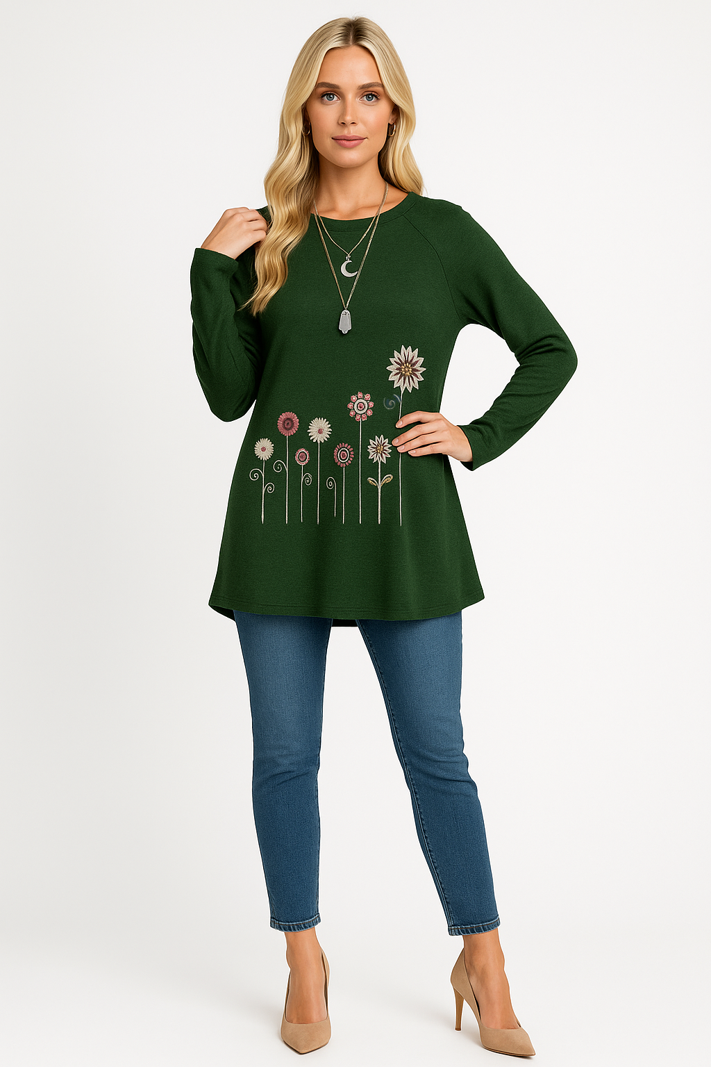 Women's Sweatshirt with 3D Floral Embroidery