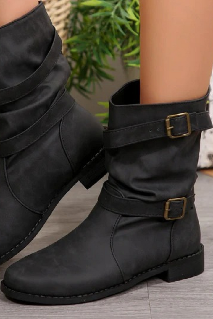 Women's Vintage Buckle Strap Mid-Calf Boots