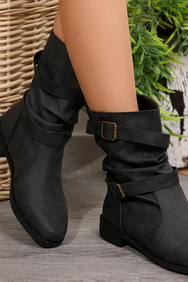 Women's Vintage Buckle Strap Mid-Calf Boots