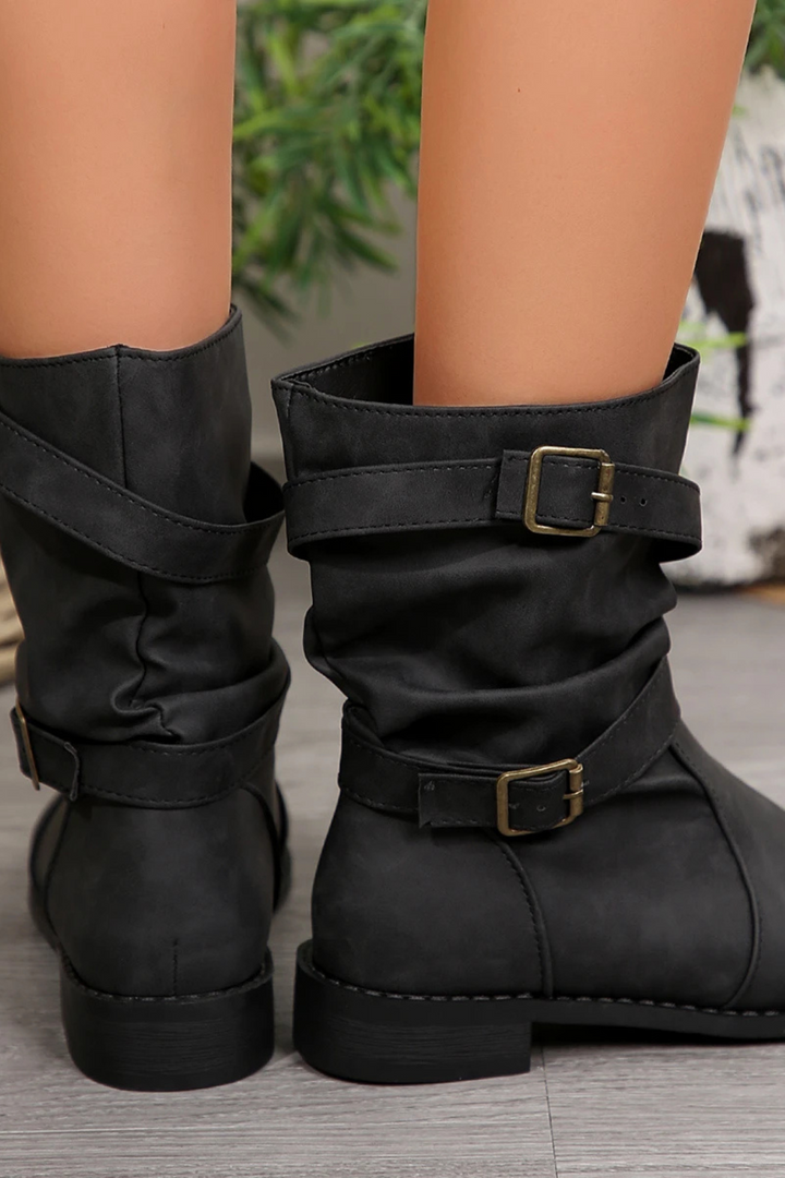 Women's Vintage Buckle Strap Mid-Calf Boots