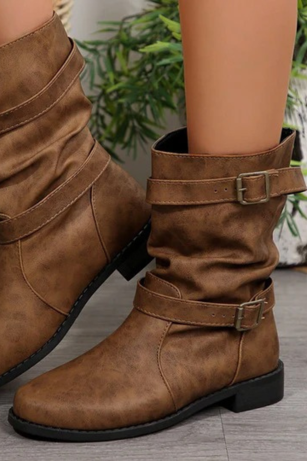 Women's Vintage Buckle Strap Mid-Calf Boots