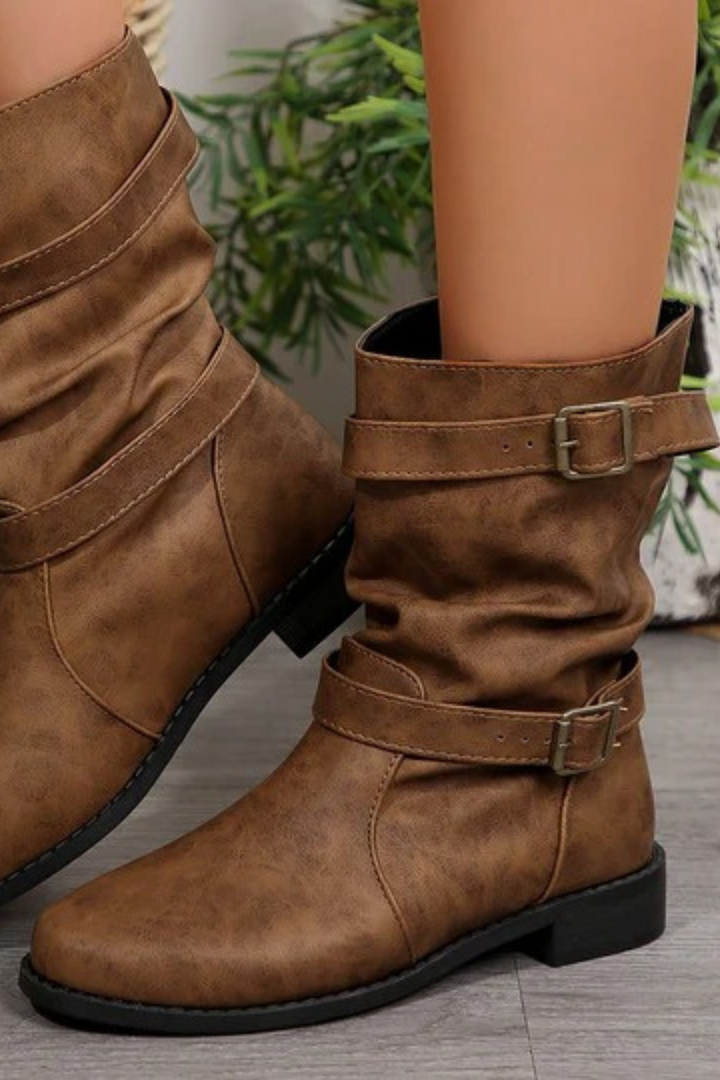 Women's Vintage Buckle Strap Mid-Calf Boots